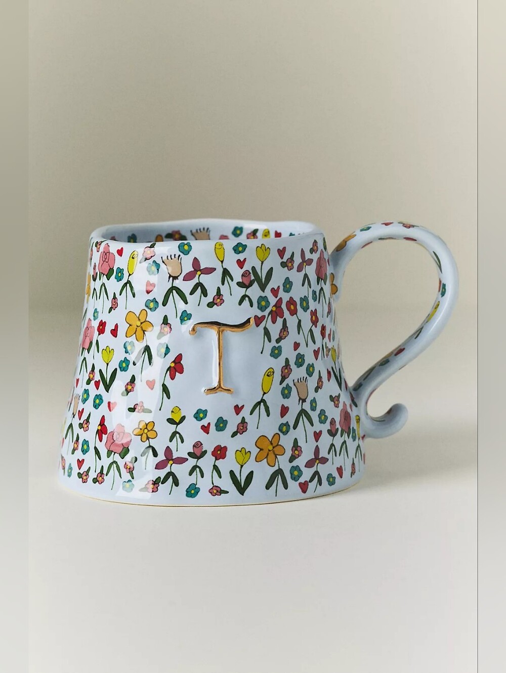 ❣️🪷NWT Anthropologie The Mud Fairy Stoneware 24k Gold Accent Monogram Mug, T